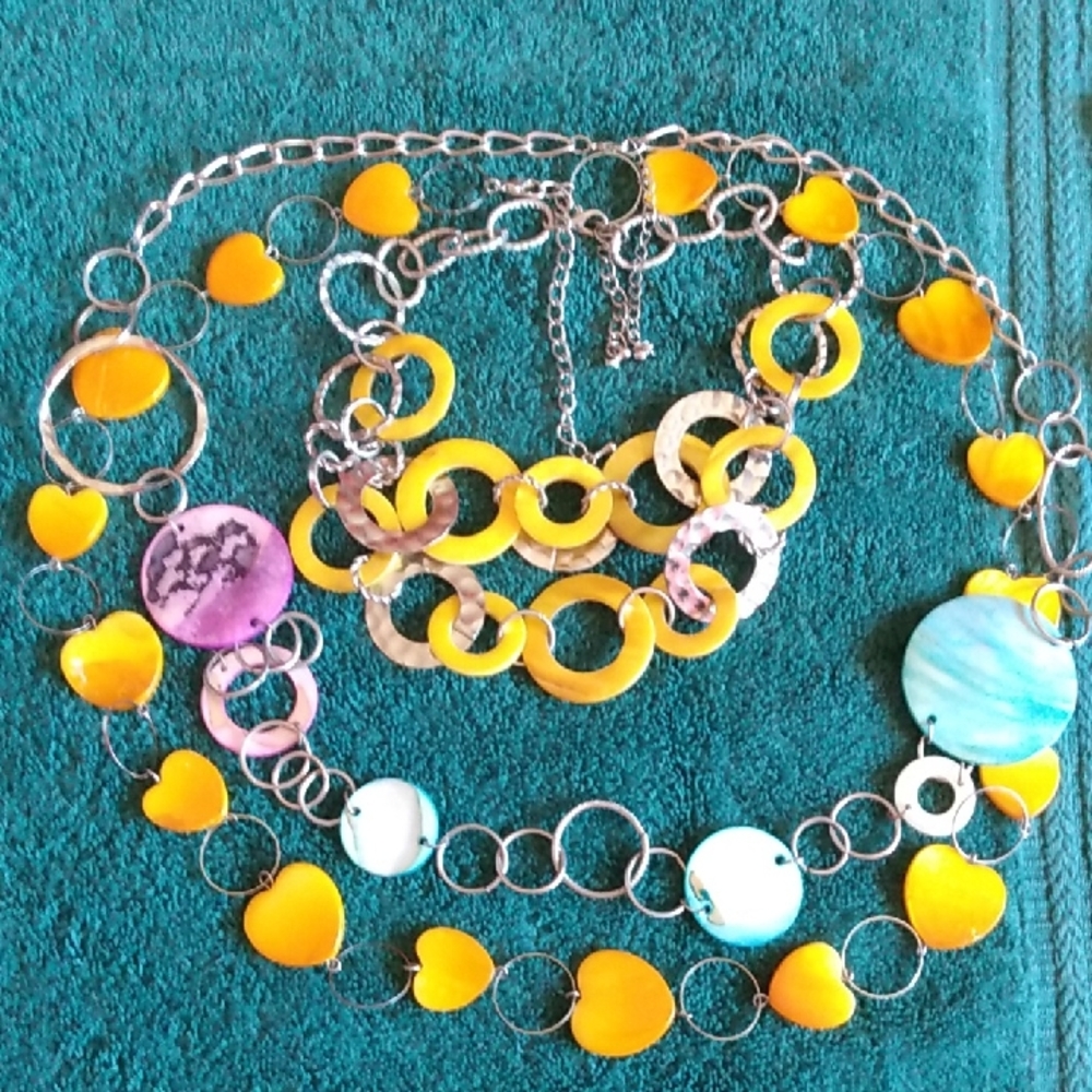 Yellow, Blue And Purple Shell Heart Necklace Set